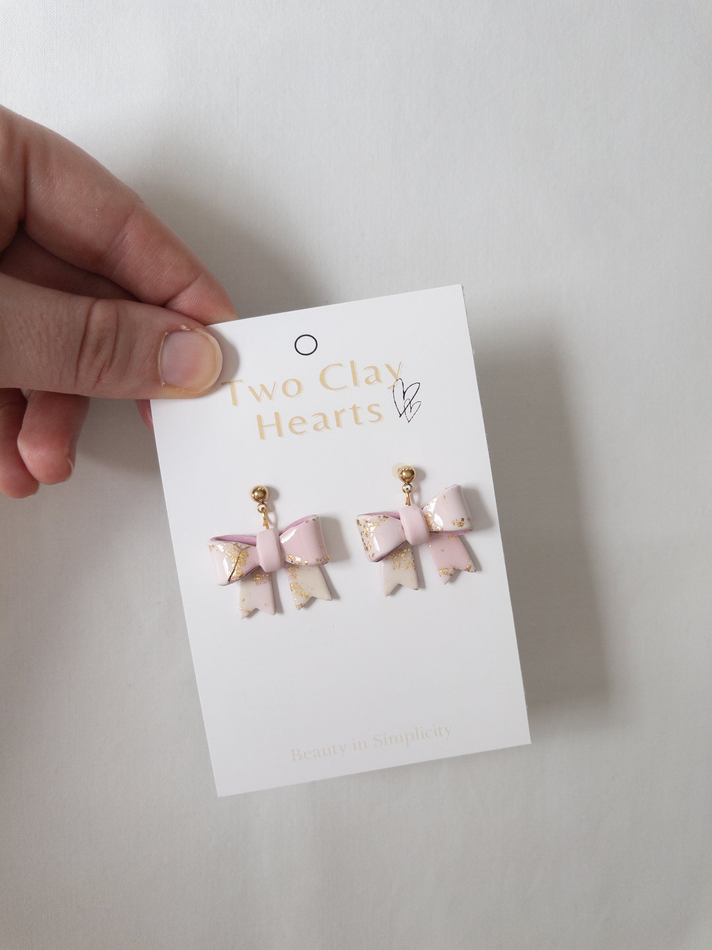 Pastel Pink Gold Leaf Bow Dangles