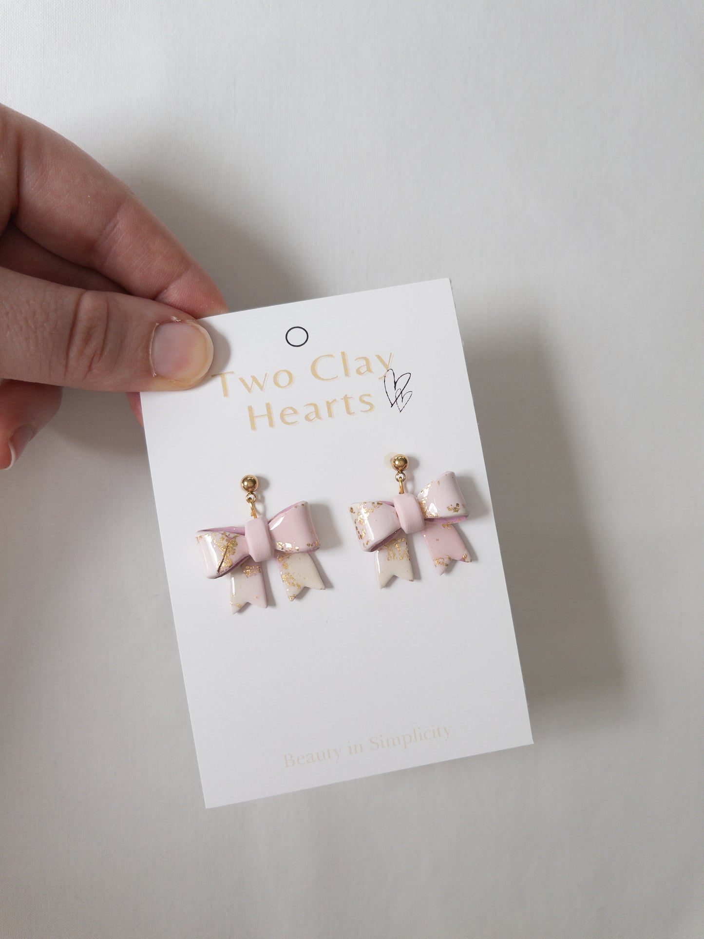 Pastel Pink Gold Leaf Bow Dangles