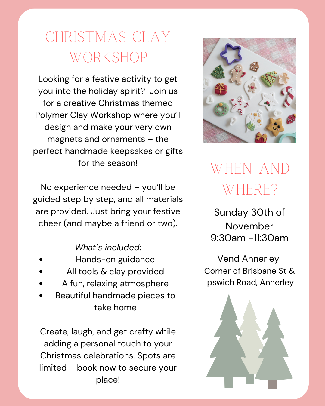 Advertisement for a Christmas clay workshop with text and images of clay decorations on a pink background.