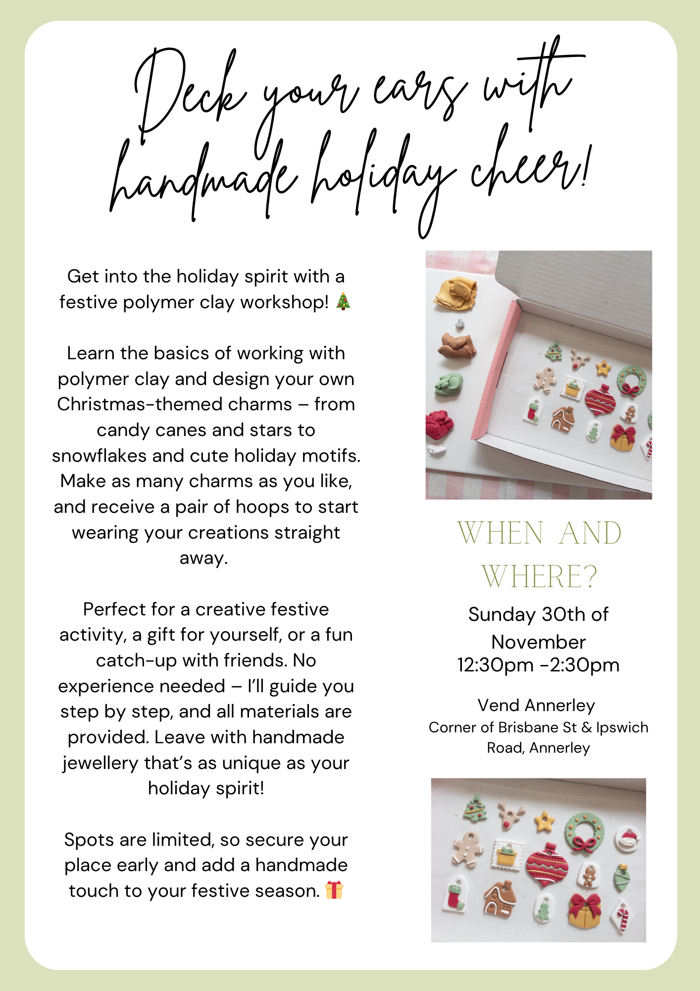 Advertisement for a polymer clay workshop with text and images of Christmas-themed charms.