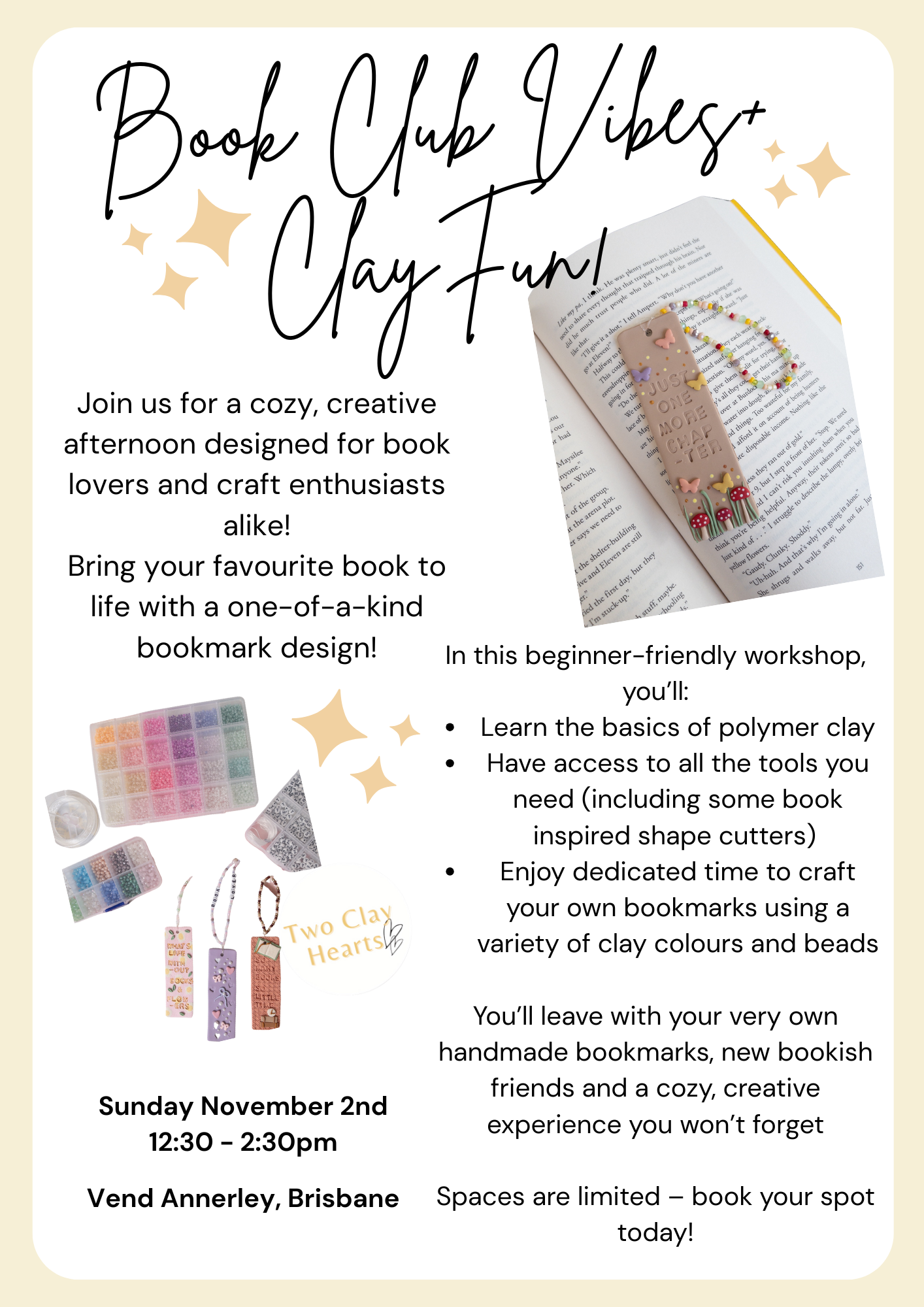 Promotional flyer for a book club event with clay fun, featuring text and images of books and clay supplies.