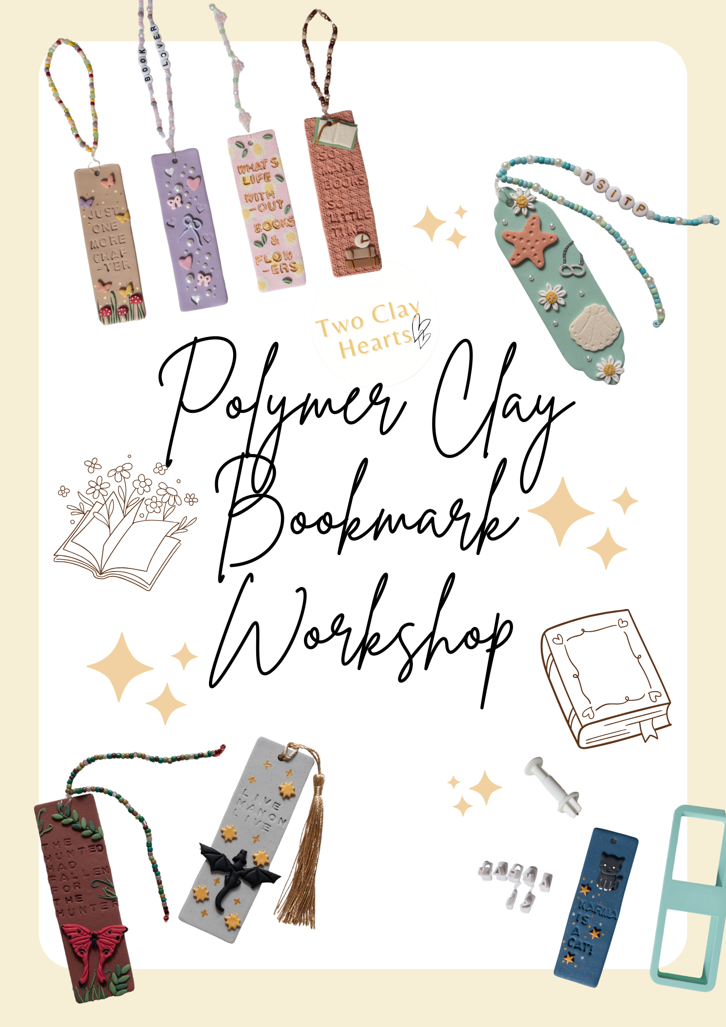 Promotional graphic for a Polymer Clay Bookmark Workshop with various clay bookmarks and tools on a beige background.