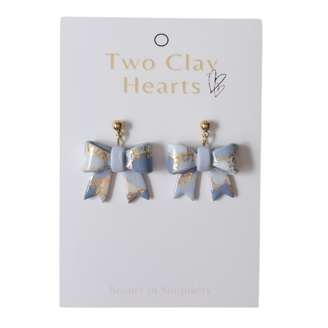 Pastel Blue Gold Leaf Bow Dangles