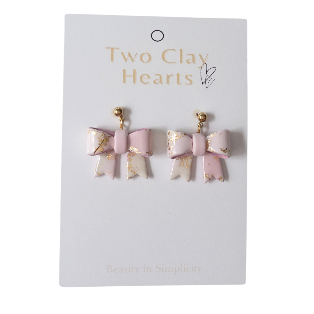 Pastel Pink Gold Leaf Bow Dangles