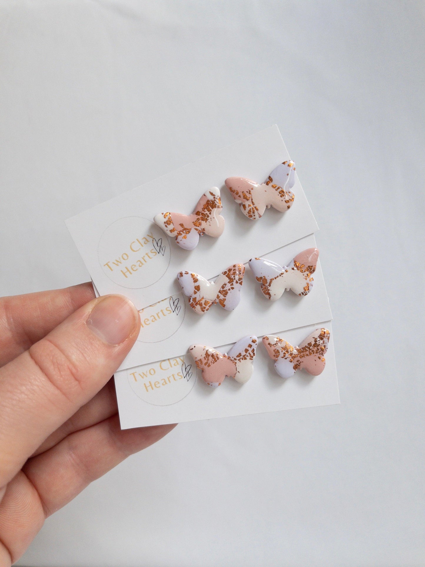pastel purple and pink butterfly earrings with shinyrose gold flecks