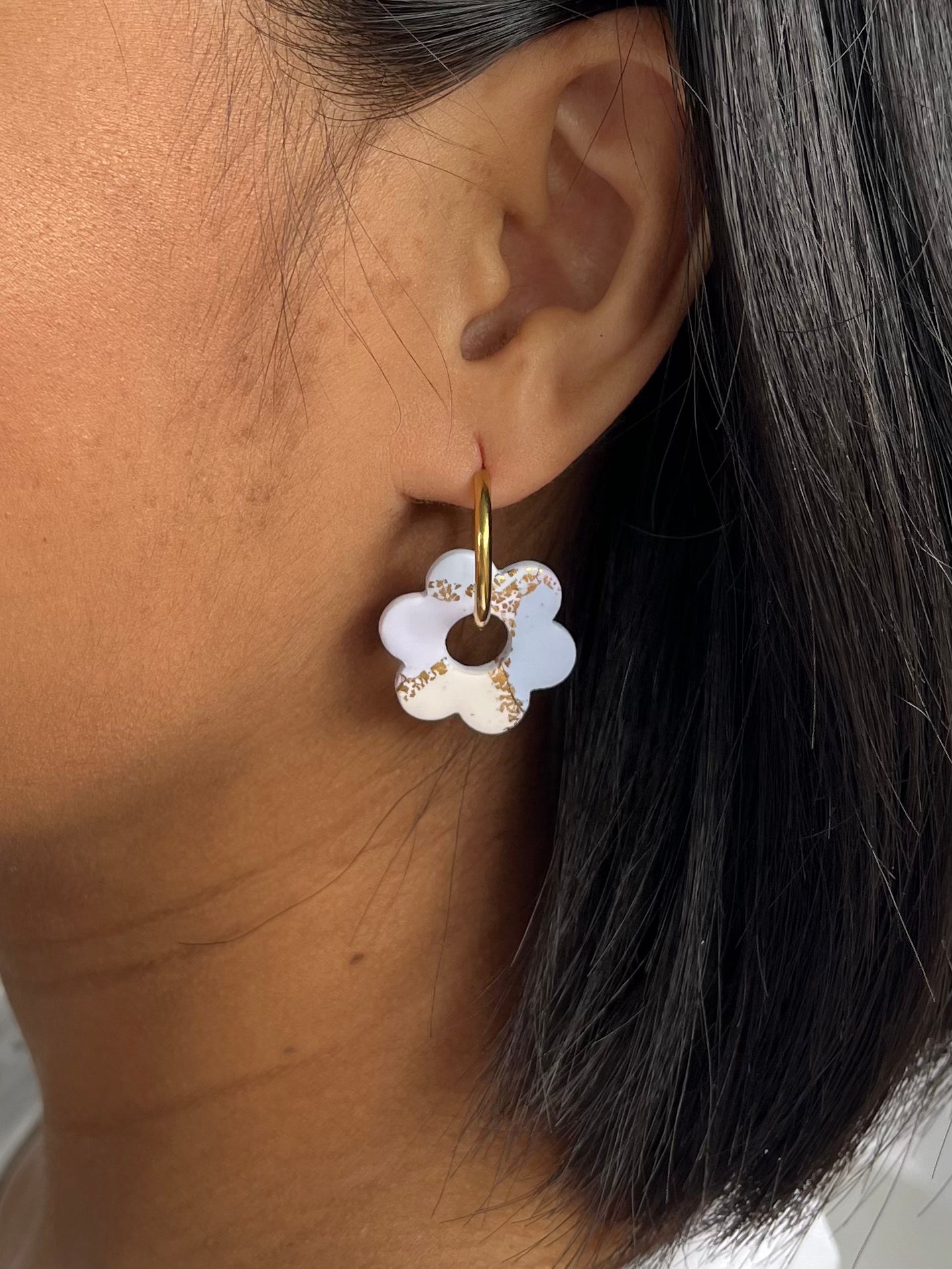 Large Blue and Purple Clay Flower Charm Hoop Earrings