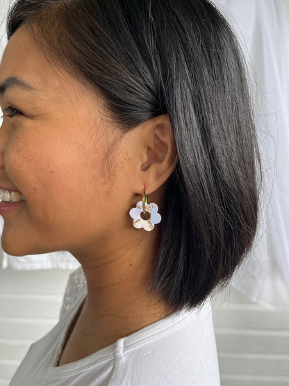 Pink Painted Flower Clay Charm Hoop Earrings