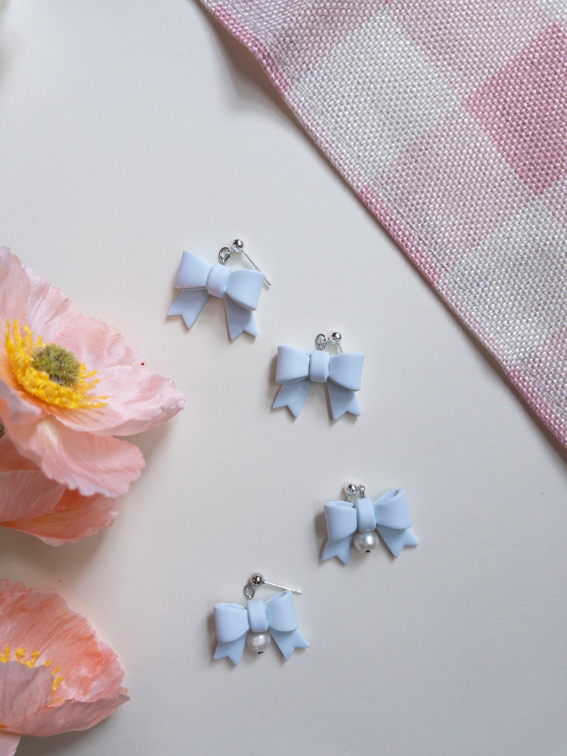 Simple Blue Bow Clay Earrings - Two Clay Hearts