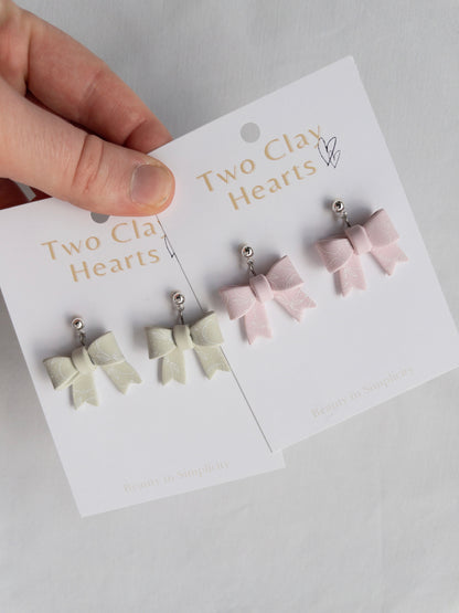 Pink Lemon Print Clay Bow Earrings