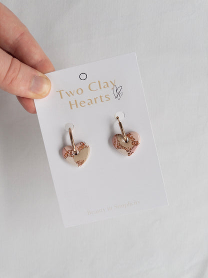 Coral and Tan Heart Clay Charm Hoop Earrings