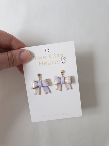 Pastel Purple Gold Leaf Bow Dangles