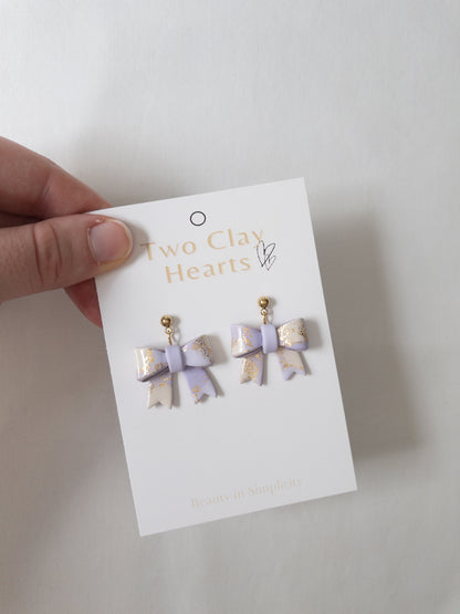 Pastel Purple Gold Leaf Bow Dangles