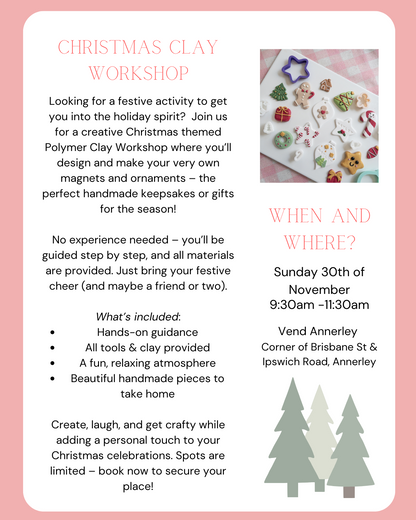 Advertisement for a Christmas clay workshop with text and images of clay decorations on a pink background.