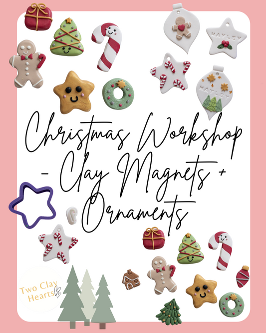 Collection of clay magnets and ornaments with 'Christmas Workshop' text on a pink background