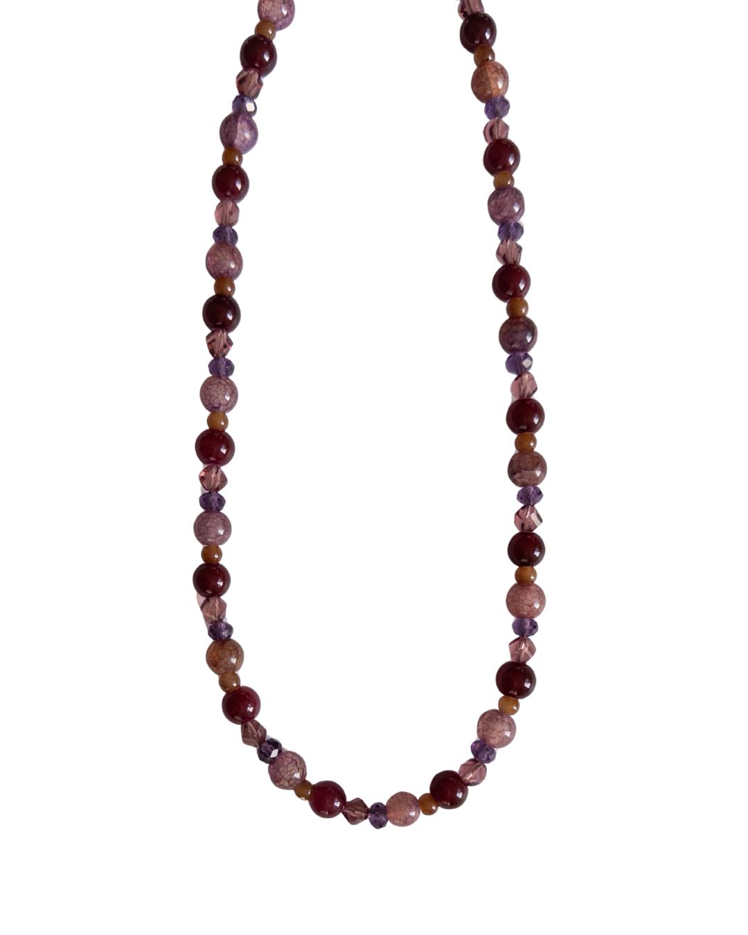Acai berry coloured beaded necklace on white background