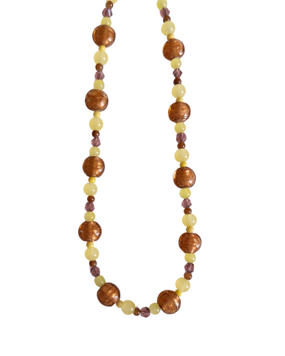 Yellow and brown chunky beaded necklace on white background
