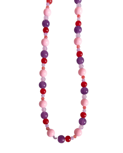 Berry coloured beaded necklace on white background