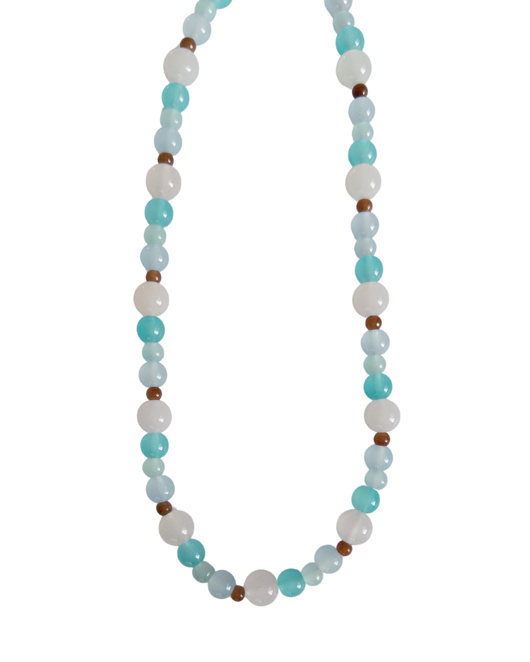 Blue and brown beaded necklace on white background