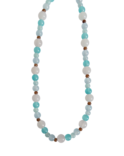 Blue and brown beaded necklace on white background