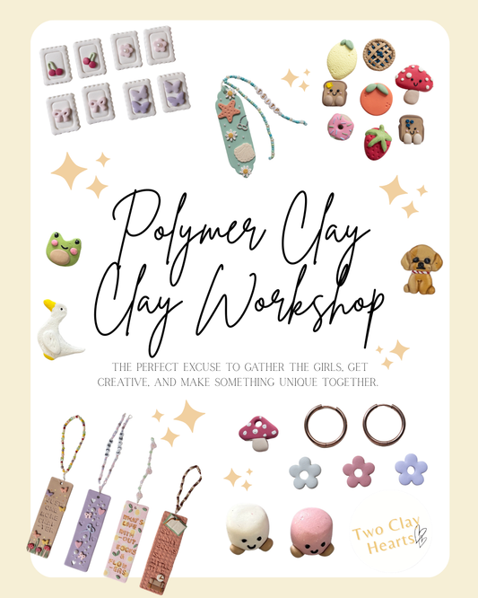 Promotional graphic for 'Polymer Clay Workshop' with various clay creations on a beige background.
