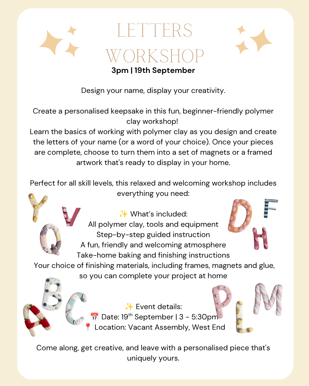 A promotional flyer for a 'Letters Workshop' on a cream-colored background with a white central card. The flyer features gold star graphics in the top corners and black text detailing a 3pm session on 19th September.