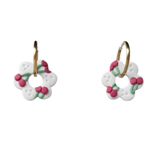 Cherry Print Clay Hoop Earrings