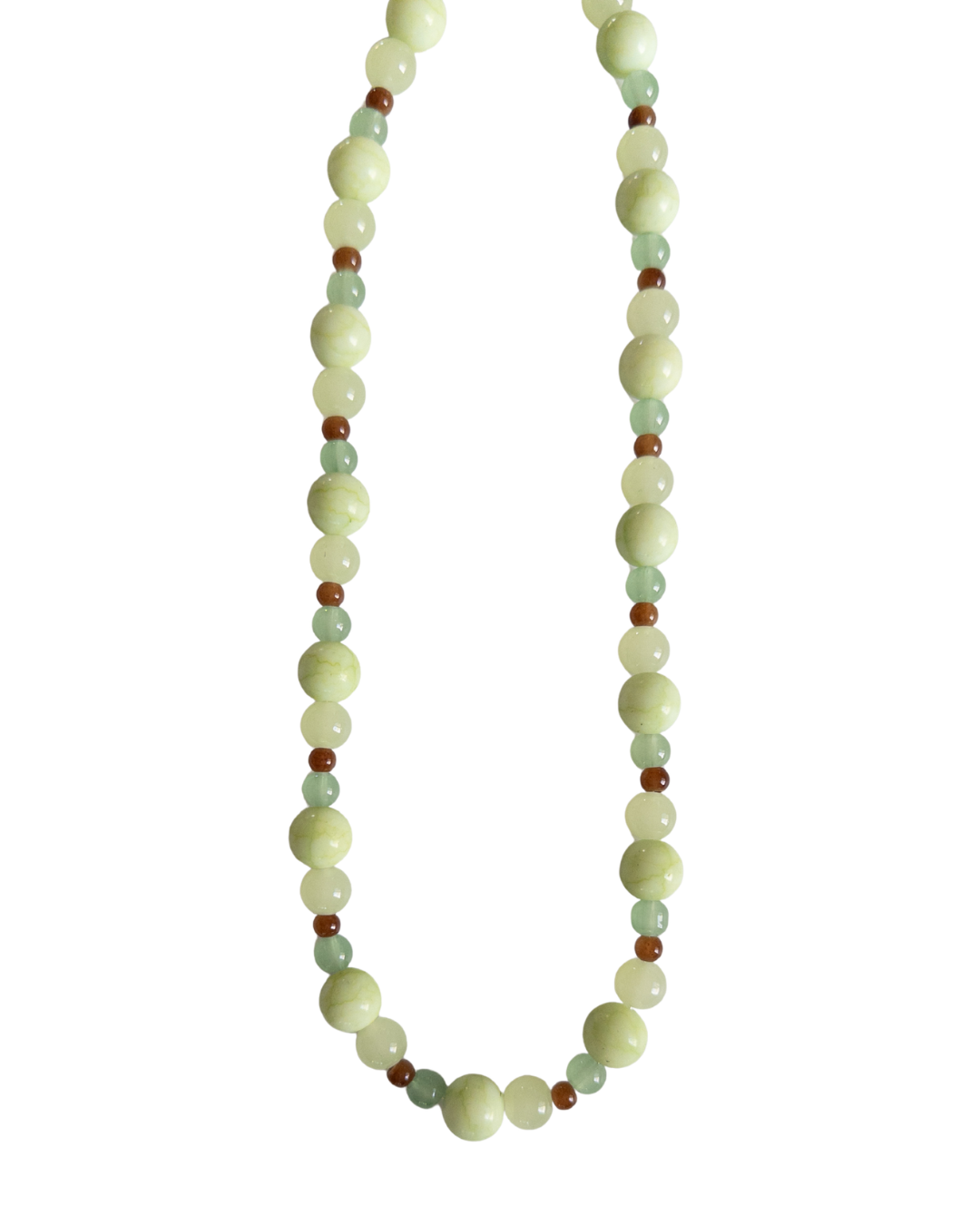 Green and brown beaded necklace on a white background