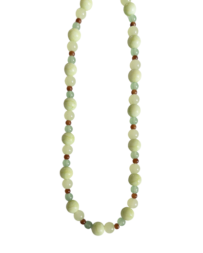 Green and brown beaded necklace on a white background