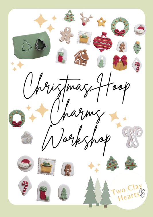 Promotional graphic for a Christmas hoop charm workshop with various holiday-themed charms and 'Two Clay Hearts' branding.