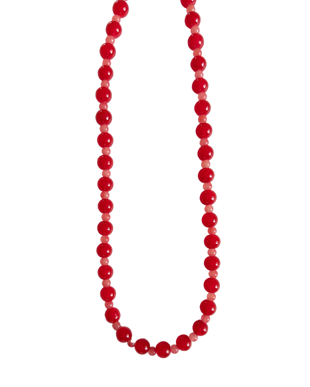 Red beaded necklace on white background
