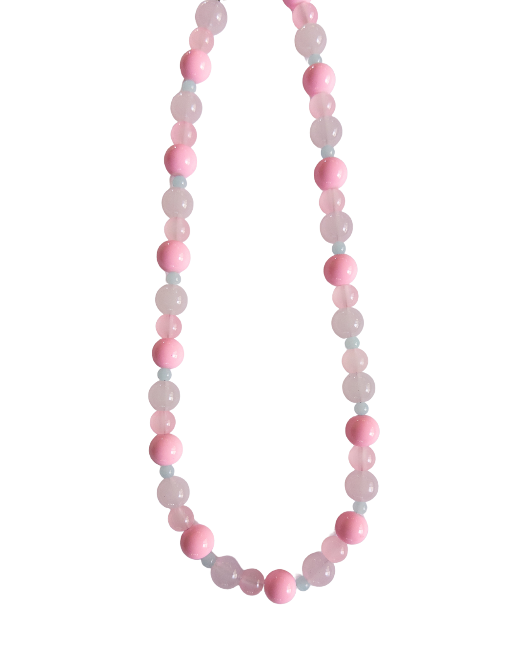 Pink and blue beaded necklace on white background