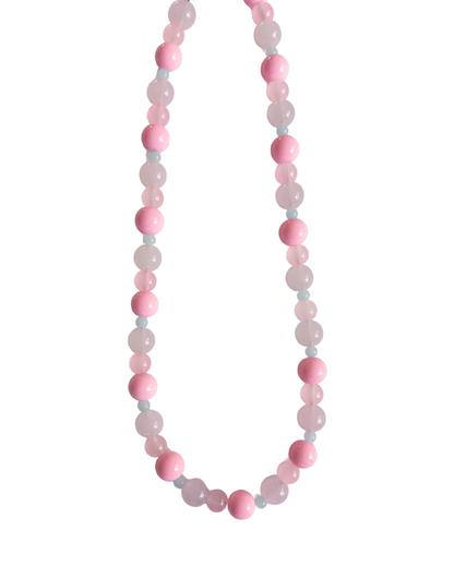 Pink and blue beaded necklace on white background