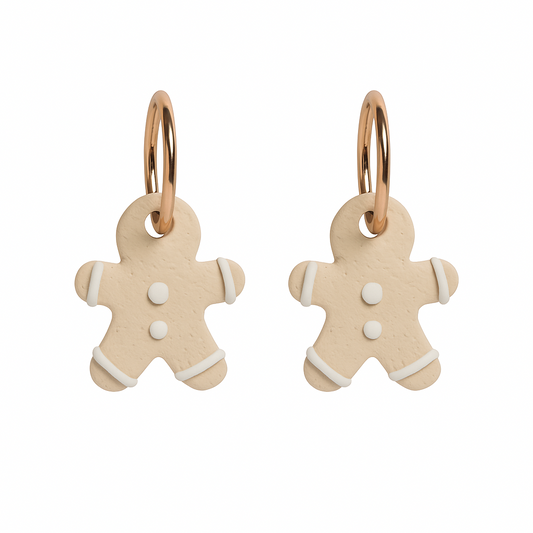 Gingerbread man-shaped earrings on a white background