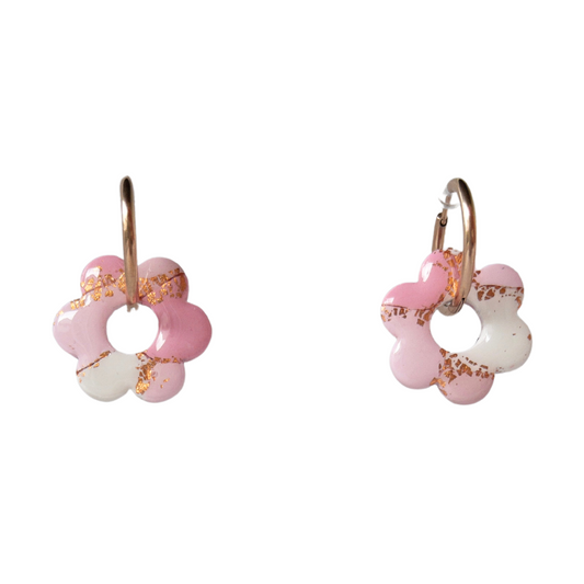 Large Pink Flower Charm Hoop Earrings