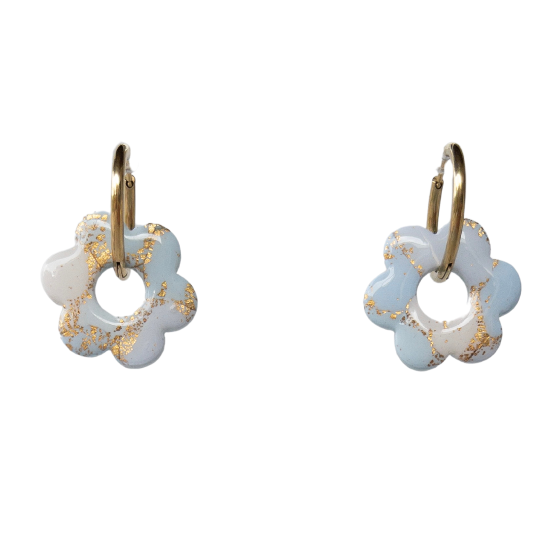 Large Blue Clay Flower Charm Hoop Earrings