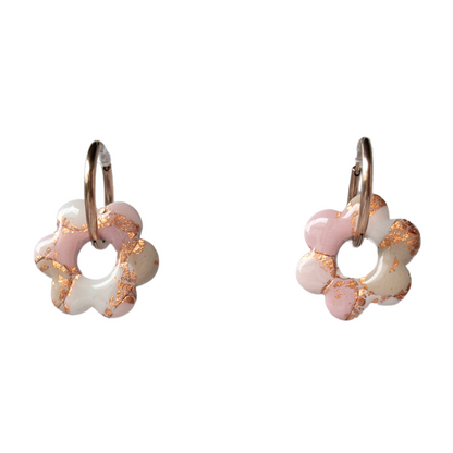 Large Coral and Tan Clay Flower Charm Hoop Earrings