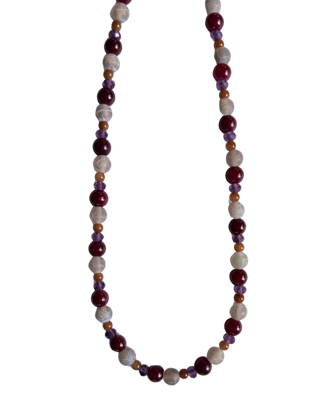 dark purple and magenta beaded necklace on white background