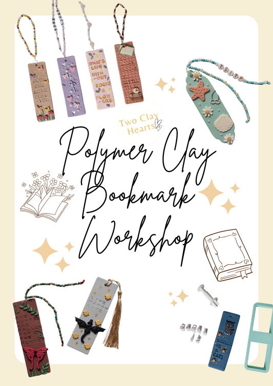 Promotional graphic for a Polymer Clay Bookmark Workshop with various clay bookmarks and tools on a beige background.