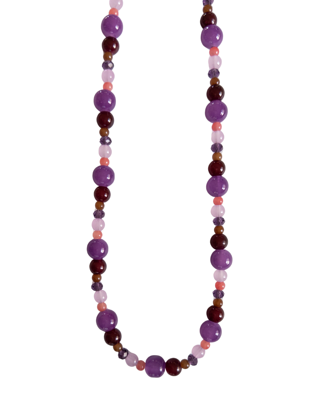 Dark purple glass bead necklace on white background