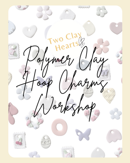 Front of flyer for Brisbane Polymer Clay Hoop Charms Workshop showing the title and example charms.