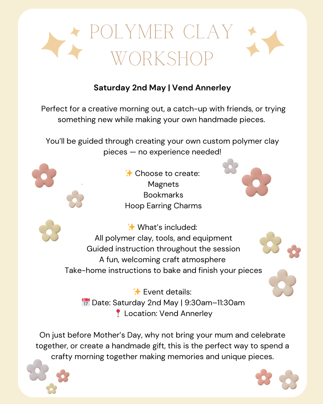 Advertisement for a polymer clay workshop with details and decorative elements.