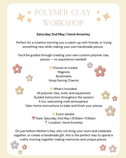 Advertisement for a polymer clay workshop with details and decorative elements.
