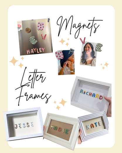 A collage-style promotional graphic showing personalized magnets and letter frames. The top text reads 'Magnets' and 'Letter Frames' in black script, surrounded by small photos of magnets on a refrigerator, and several white shadow-box style frames with names such as HAYLEY, RICHARD, JESSE, MADiE, and KATE.