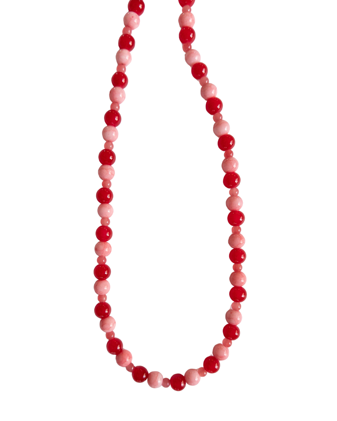 Red and Pink beaded necklace on a whitebackground
