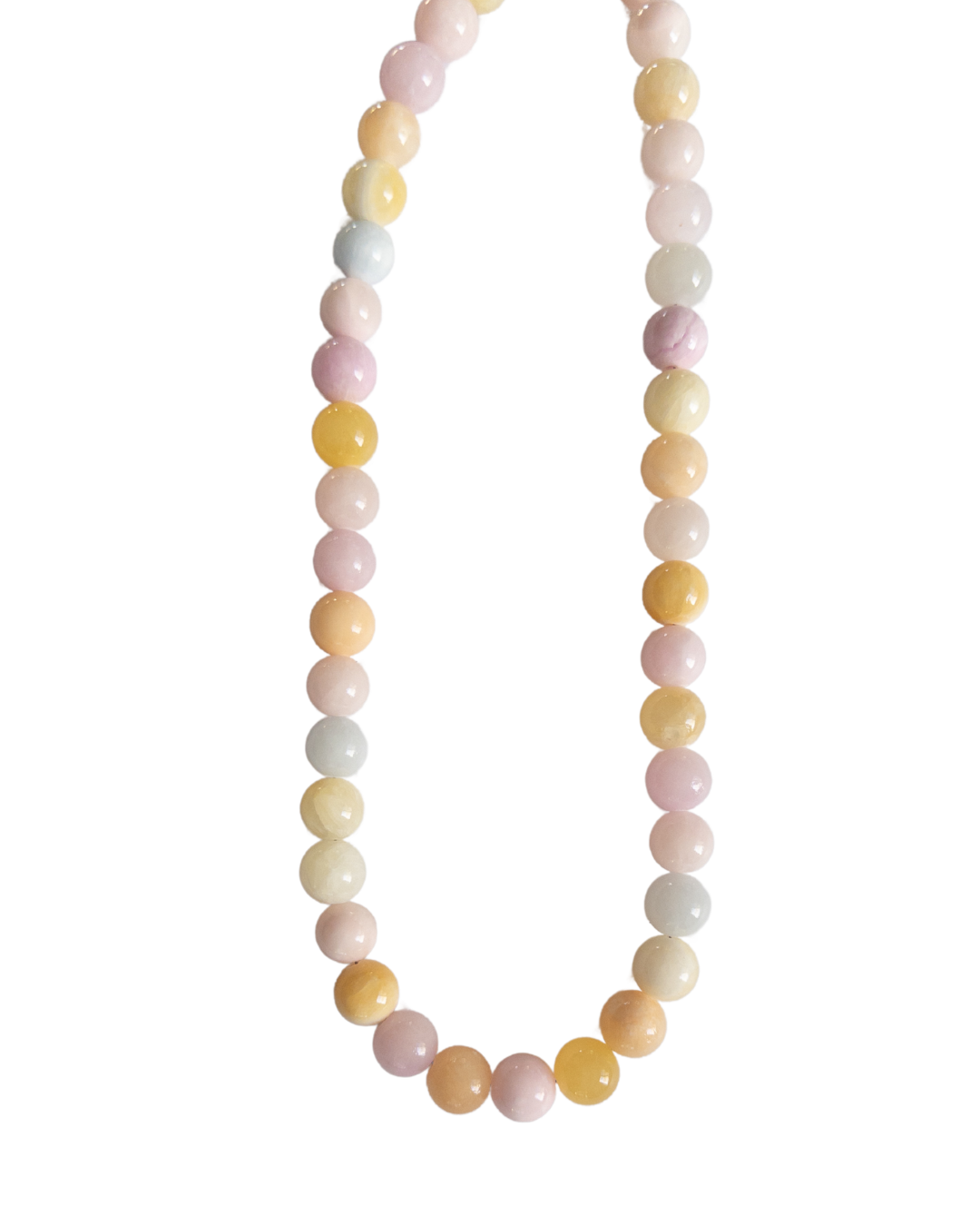 Chunky pastel coloured beaded necklace on a white background