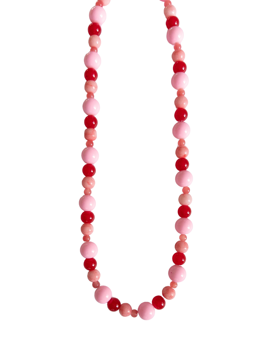 Red and Pink chunky beaded necklace on a white background