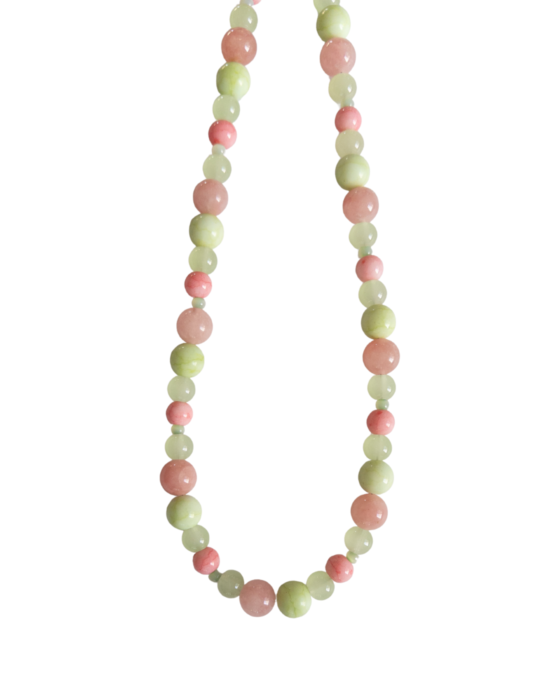 Pink and Green glass bead necklace on white background