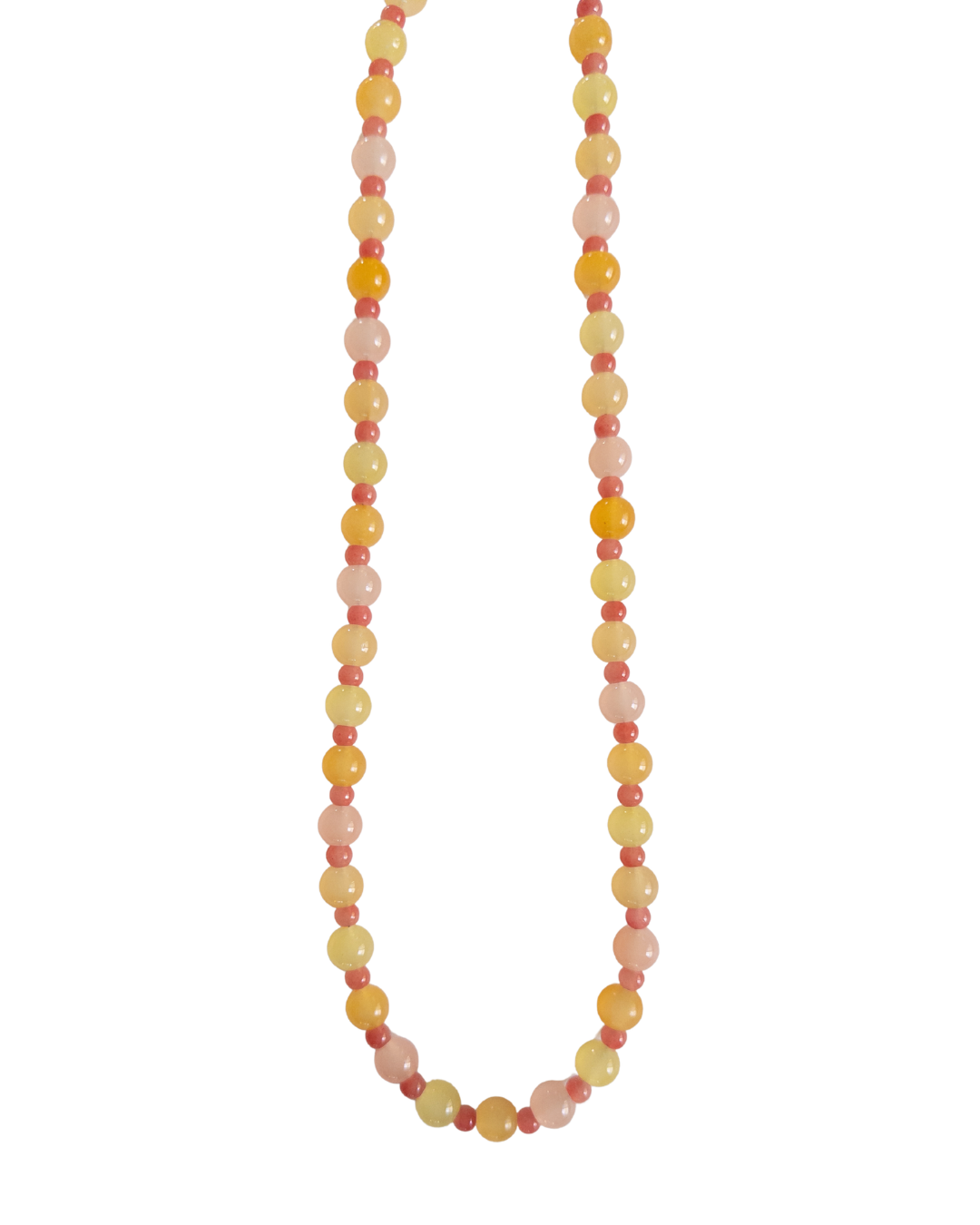 Orange, yellow and pink beaded necklace on a white background
