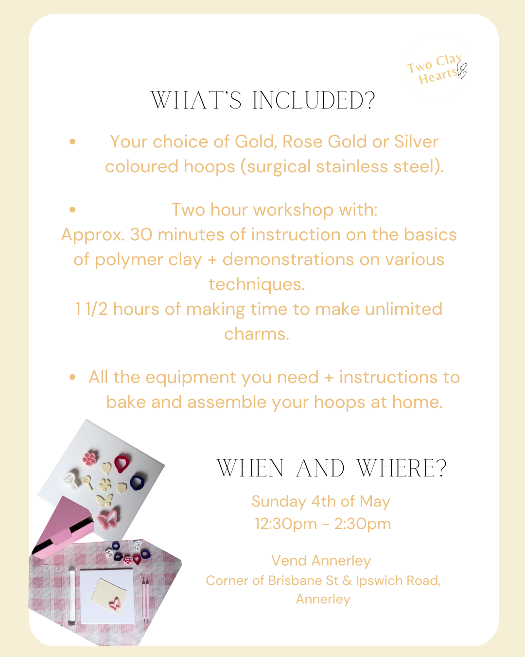 Infographic on what's included in the polymer clay workshop and where it is. 