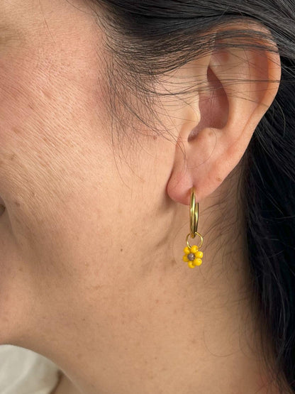 Beaded Sunflower Hoop Earrings - Two Clay Hearts